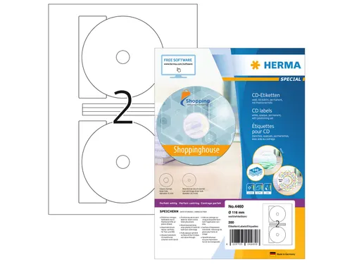 HERMA 4460 CD-etiketten Maxi A4 Ø 116mm/18,5mm mat Wit 200 stuks