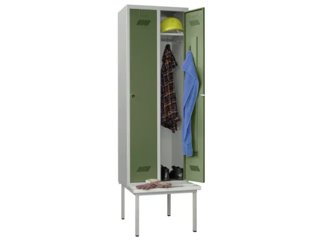 Armoire vestiaire avec banc,RAL7035,face avant RAL6011
