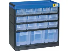 magazijnkast HxBxD 285x300x135mm 16laden behuizing zwart/blauw