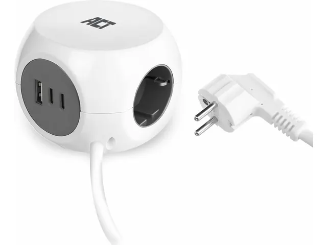 Stekkerblok ACT 3 voudig inclusief 2x USB C en A 1.5 meter wit/grijs