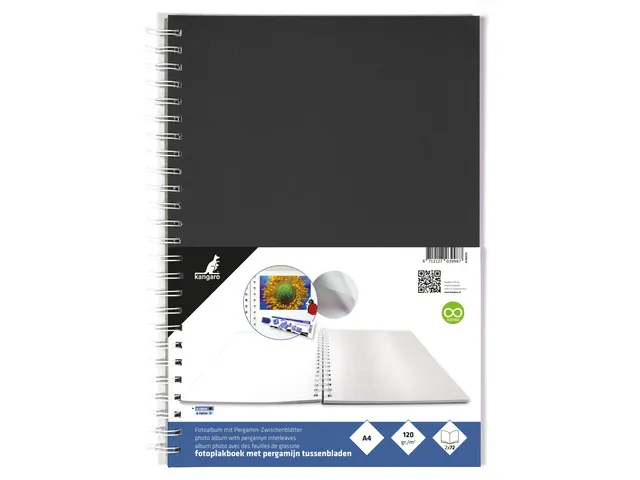 Fotoplakboek Kangaro 33x23cm zwart. Met pergamijnvellen. 36+36 vel