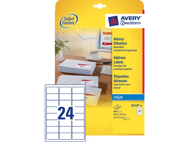 Adresetiket Avery J8159-10 63.5x33.9mm Inkjet Wit 240 Stuks