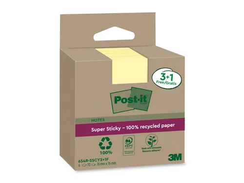 Memoblok 3M Post-it 654 RSSCOL 76x76mm geel 3+1 gratis