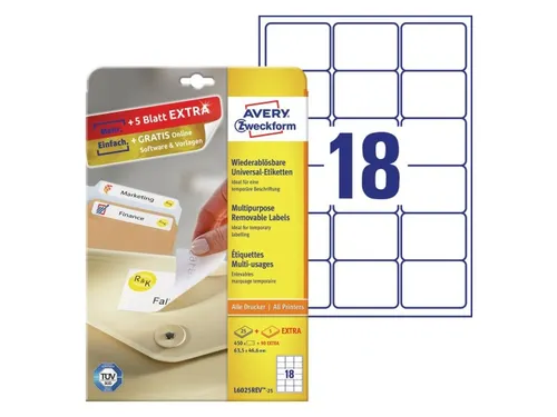 Etiket Avery L6025REV-25 63.5x46.6mm Afneembaar Wit 450 Stuks
