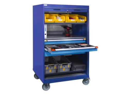 Mobiele roldeurkast 1813x1005x691mm 3xStalen bodem 3laden Duifblauw