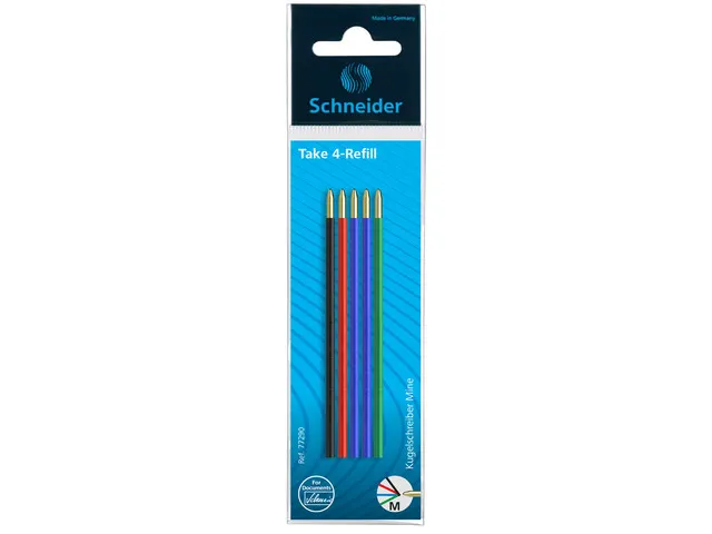Schneider 138003 Take 4 balpennen meerkleurig (4 kleuren, vullingen vervangbaar, gerecyclede kunststof) donkerblauw-lichtblauw, 10 stuks