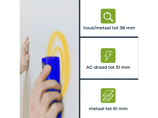 Digitale leidingzoeker detecteert tot 51 mm, metaal/hout/kabels
