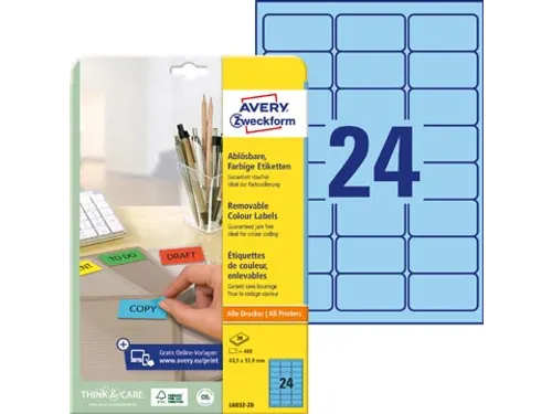 Avery Zweckform Gekleurde Afneembare Etiketten 63.5x33.9mm Blauw