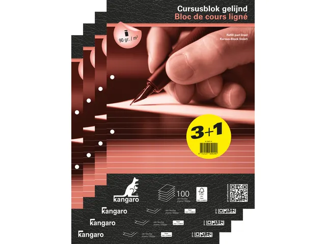 Cursusblok Kangaro A4 lijn 8mm 90 grams 100 vel pak 4 stuks