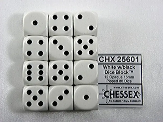 Dobbelsteen Chessex White/black D6 16mm set à 12 stuks