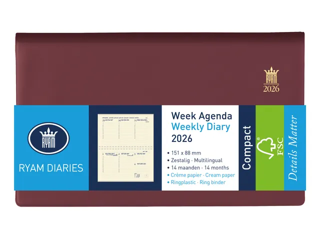 Agenda 2026 Ryam Compact Suprema 7dagen/2pagina's ringplastic bordeaux