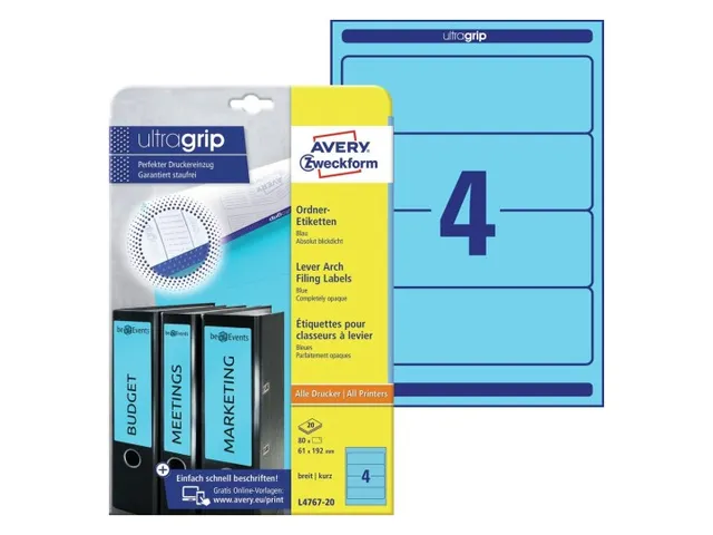 Rugetiket Avery Zweckform breed 192x61mm Blauw L4767 80 stuks