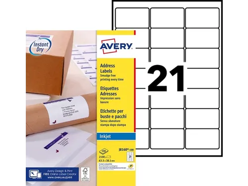 Adresetiket Avery J8160-100 63.5x38.1mm Inkjet Wit 2100 stuks