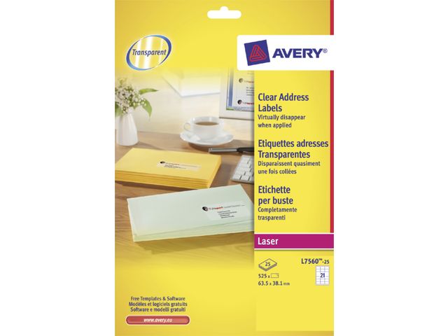 Etiket Avery L7560-25 63.5x38.1mm Transparant 525 Stuks | AveryEtiketten.nl