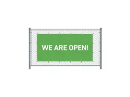 Hekwerkbanner 200x100 cm Groen met Engelse Print We Are Open