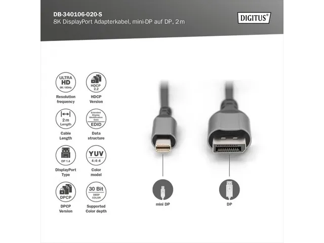 DisplayPort-aansluitkabel type mini DP DP M/M 2m UHD 8K DP 1.4 zwart