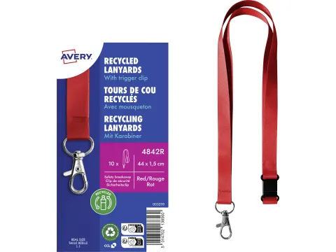 Lanyard Avery rPET rood 440x15mm met karabijnhaak 10 stuks