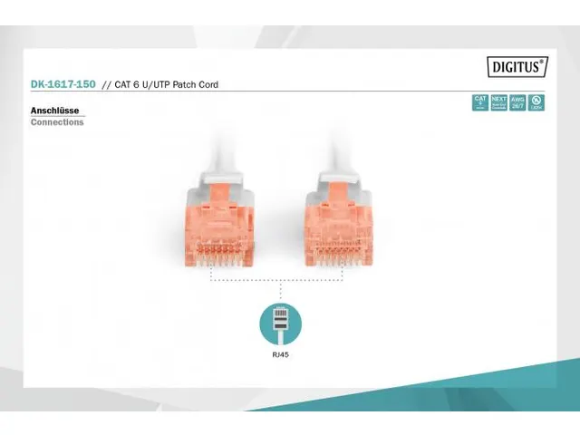 CAT 6 U-UTP patchkabel koper LSZH AWG 26/7 Lengte 15m Grijs