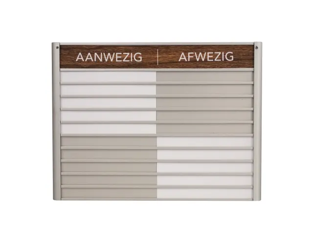 Menoor In-Uit bord 10 namen Aluminium Aanwezig/Afwezig donker Houtlook