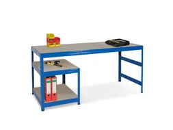 montagetafel,HxBxD 750x1800x600mm,blad hout,4voeten RAL5010,2legborden