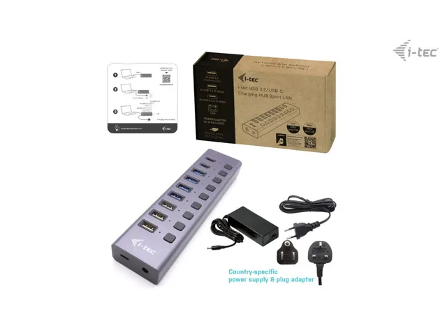 USB-A/USB-C Charging HUB 9port with LAN + Power Adapter 60 W