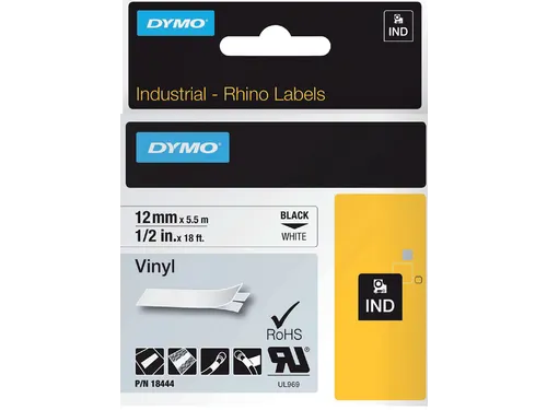 Labeltape Dymo Rhino 18444 Vinyl 12mmx5.5m Zwart Op Wit