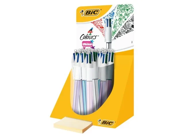 Balpen Bic 4Kleuren Shine Zilver/Paars/Roze/Blauw Display à 20 Stuks