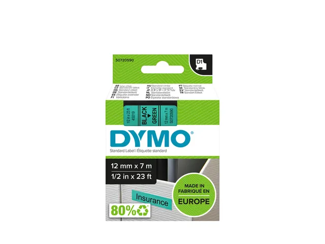 Labeltape Dymo 45019 D1 S720590 12mmx7m zwart op groen