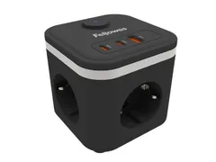 Stekkerblok Fellowes Power Cube F 3-voudig 1xUSB-A 2xUSB-C 2m zwart