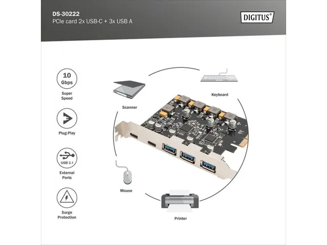 PCIe-kaart 2x USB-C + 3x USB A 5x SuperSpeed ​​​​10Gbps
