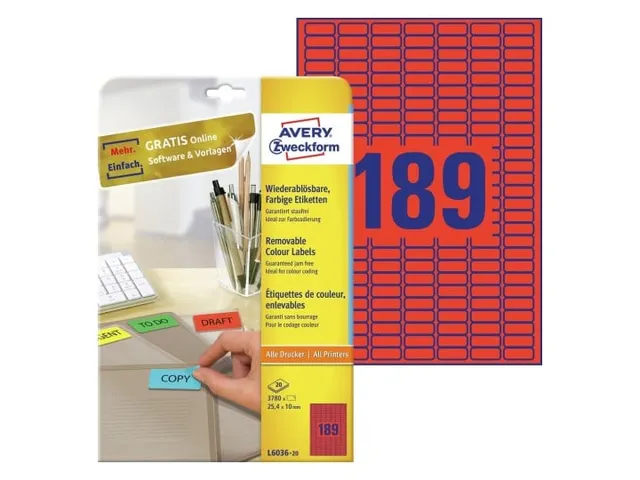 etiket Avery ILK 25,4x10mm 20 vel 189 etiketten per vel rood
