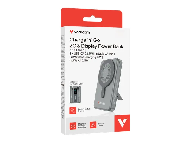 Charge 'n' Go Power Bank Magnetisch draadloos opladen 10.000mAh Grijs