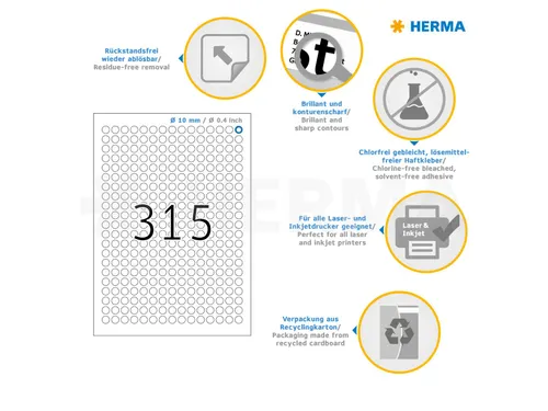 HERMA 4385 Verwijderbare etiketten A4 Rond 10mm Wit 7875 stuks