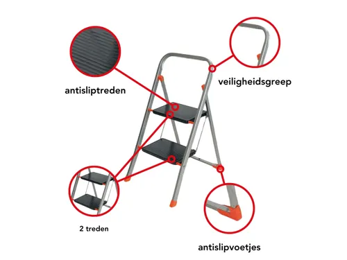 Huishoudtrap met hoge beugel 2 treden antislip inklapbaar tot 150 kg