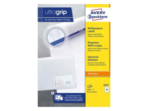 Etiket Avery Zweckform 3658 64.6x33.8mm wit 2400stuks