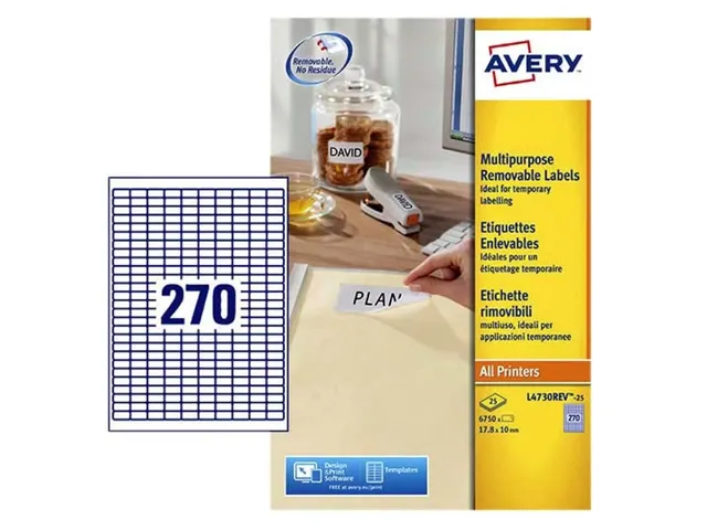 Etiket Avery L4730 Rev-25 17.8x10mm Afneembaar Wit 6750 Stuks