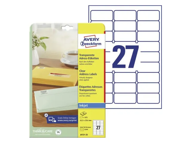 inkjetetiket Avery 63,5x29,6mm transparant 25 vel 27 etiketten per vel