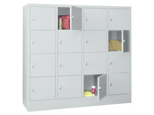lockerkast,HxBxD 1518x1600x500mm,4x4vakken,RAL7035,front RAL7035