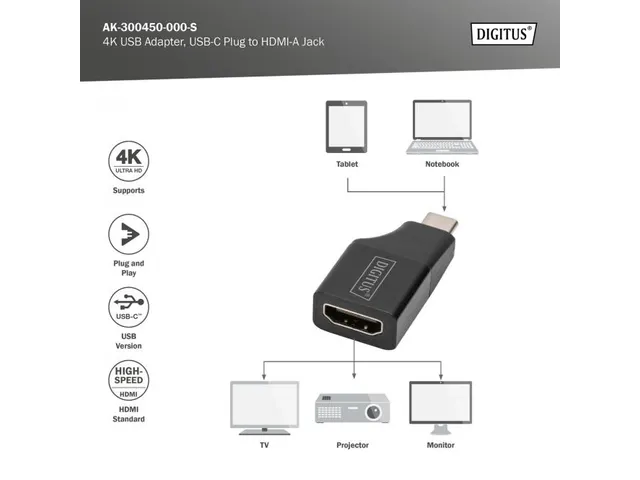 4K USB-adapter USB-C/mannelijk naar HDMI A/vrouwelijk