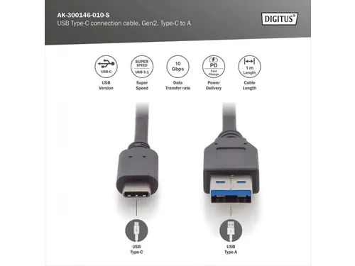 USB Type C-aansluitkabel Type C naar A M/M 1m Gen2 3A 10GB Zwart
