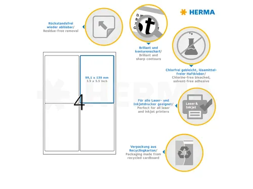 HERMA 10313 Verwijderbare Adresetiket A4 99,1x139mm Wit 400 stuks