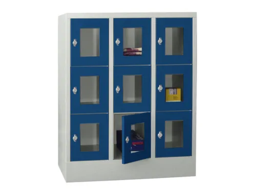 lockerkast,HxBxD 1187x900x500mm,3x3vakken,RAL7035,front RAL5010