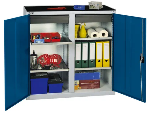 Materiaalkast 1000x1000x500mm 4legborden Uitschuifbaar 2laden Ral5010