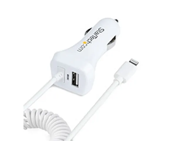 2-poorts USB Autolader met 1m Lightning Spiraalkabel 12W Wit