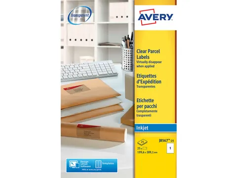 Adresetiket Avery J8567-25 210x297mm A4 Transparant Inkjet 25 stuks