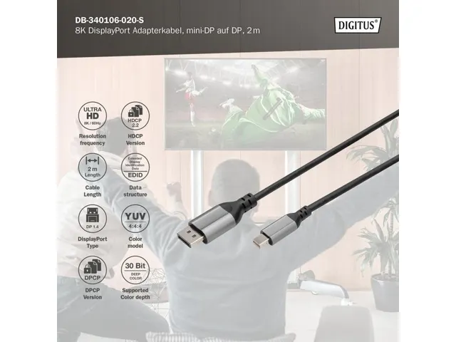 DisplayPort-aansluitkabel type mini DP DP M/M 2m UHD 8K DP 1.4 zwart