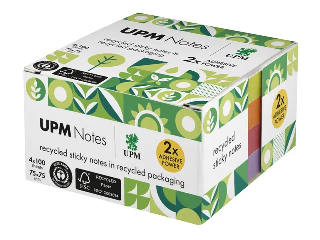 Sticky notes UPM recycled 75x75mm assorti blok 100 vel, doos 4x blok