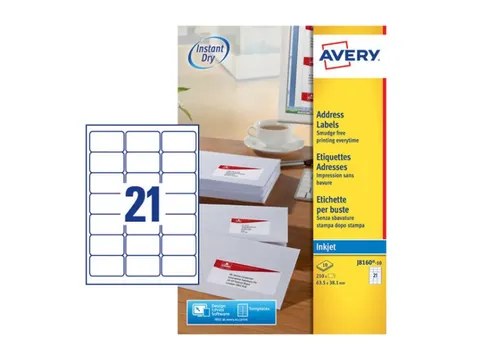 Adresetiket Avery J8160-10 63.5x38.1mm Inkjet Wit 210 Stuks