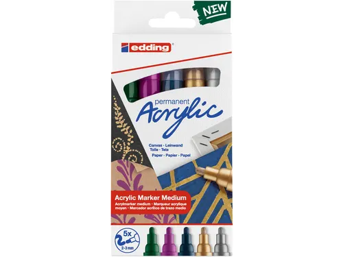 Acrylmarker edding e-5100 medium set van 5 kleuren metallic