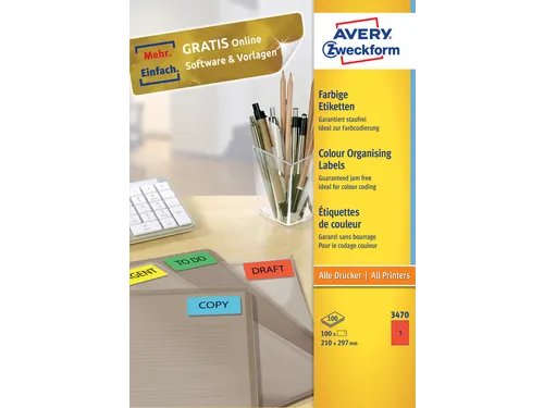 Gekleurde Etiketten Avery Zweckform 210x297mm A4 Rood 100 stuks